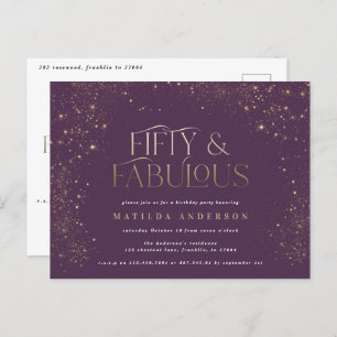Gold purple glitter 50 and fabulous birthday party postcard