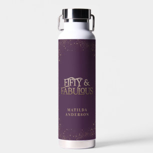 Gold purple glitter 50 and fabulous birthday party water bottle