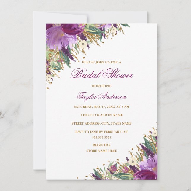 Gold Purple Glitter Amethyst Floral Bridal Shower Invitation (Front)