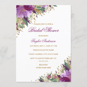 Gold Purple Glitter Amethyst Floral Bridal Shower Invitation