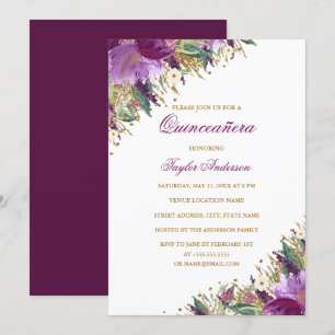 Gold Purple Glitter Amethyst Floral Quinceanera Invitation