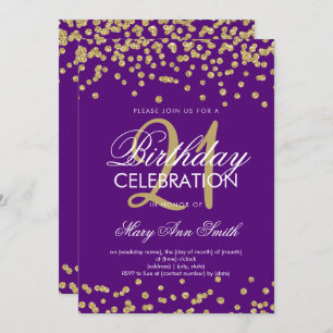 Gold Purple Glitter Confetti 21st Birthday Invitation