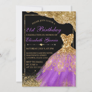 Gold & Purple Glitter Dress 21st Birthday Invitation