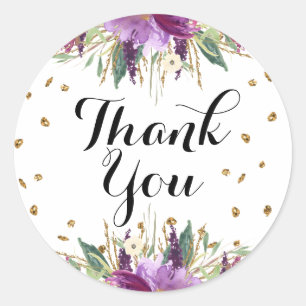 Gold Purple Glitter Floral Thank You Sticker