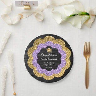 Gold & Purple Glitter Flowers Graduation Day Paper Plate