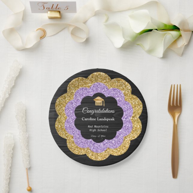 Gold & Purple Glitter Flowers Graduation Day Paper Plate (Wedding)