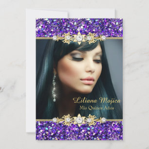 Gold Purple Glitter & Jewel Bow Quinceanera Invitation