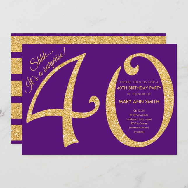 Gold Purple Glitter Surprise 40th Birthday Party Invitation (Front/Back)