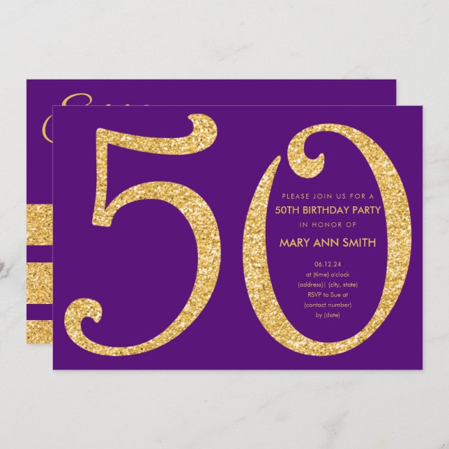 Gold Purple Glitter Surprise 50th Birthday Party Invitation (Front/Back)