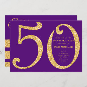 Gold Purple Glitter Surprise 50th Birthday Party Invitation