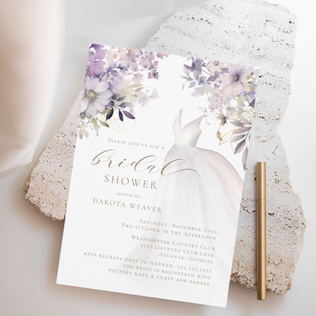 Gold Purple Greenery Wedding Dress Bridal Shower Invitation (Creator Uploaded)