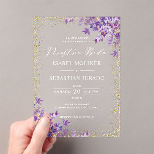Gold Purple Lavender Nuestra Boda Spanish Wedding Acrylic Invitations