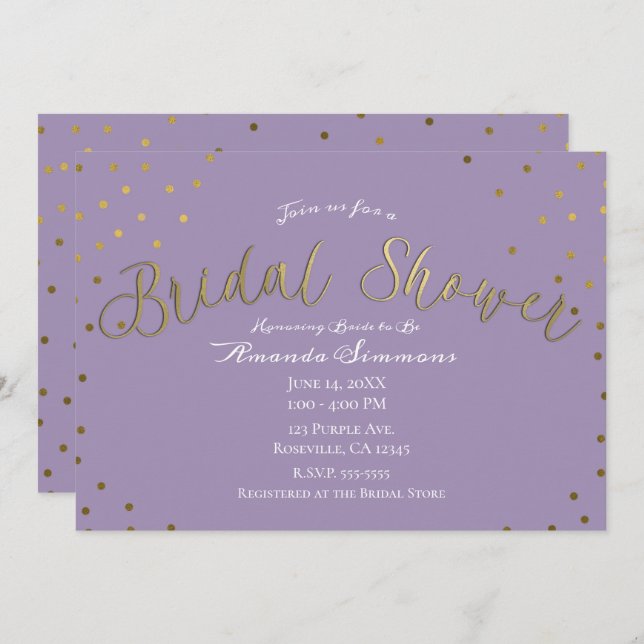 Gold & Purple Lilac Modern Glam Bridal Shower Invitation (Front/Back)