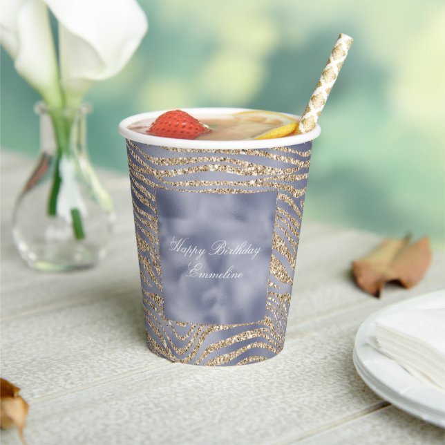 Gold Purple Luxe Glitter Zebra Print  Paper Cups (Insitu)
