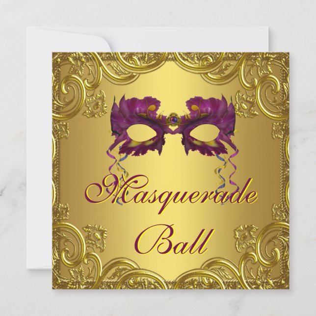 Gold Purple Mask Purple Masquerade Ball Party Invitation (Front)