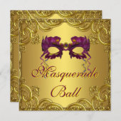 Gold Purple Mask Purple Masquerade Ball Party Invitation (Front/Back)