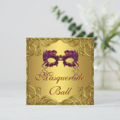 Gold Purple Mask Purple Masquerade Ball Party Invitation (Standing Front)