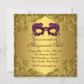 Gold Purple Mask Purple Masquerade Ball Party Invitation (Back)