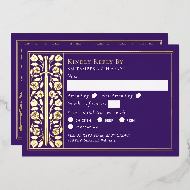 Gold Purple Mediaeval Sword Wedding RSVP (Front/Back)
