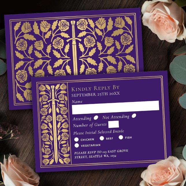 Gold Purple Mediaeval Sword Wedding RSVP Card (Creator Uploaded)