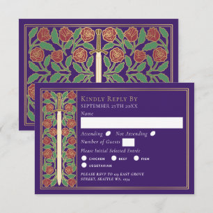Gold Purple Medieval Floral Sword Wedding RSVP Card
