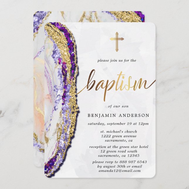 Gold & Purple Mineral Stone Watercolor Baptism Invitation (Front/Back)