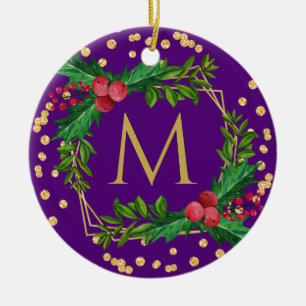 Gold Purple Monogram Merry Christmas Holly Glitter Ceramic Ornament
