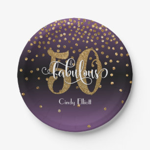 Gold Purple Ombre 50 & Fabulous Birthday Paper Plate
