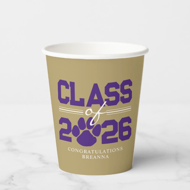 Gold & Purple Pawprint Class of Graduation Paper Cups (Back)