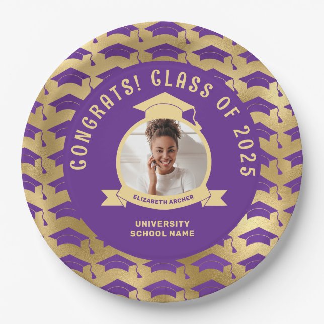 Gold Purple Photo Graduation Paper Plate (Front)