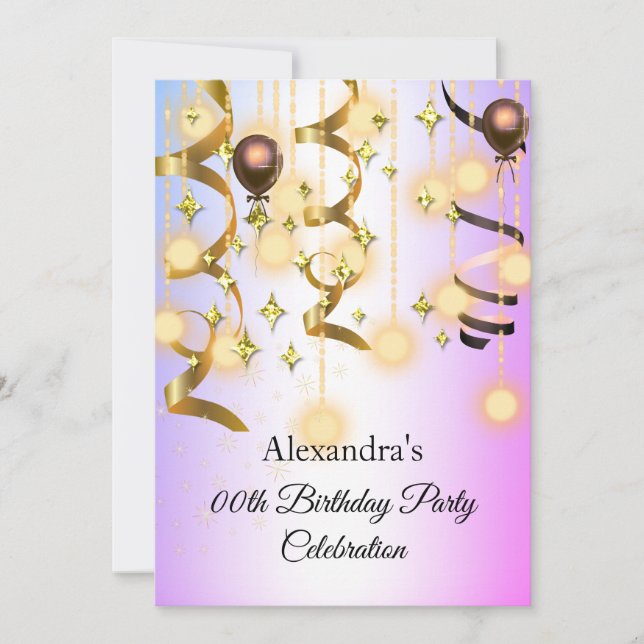 Gold Purple Pink Lights Birthday Party Invite (Front)