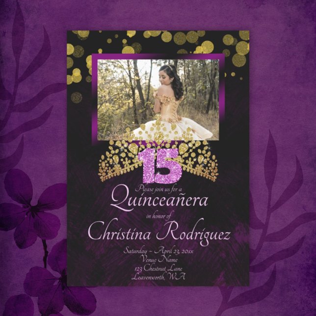 Gold, Purple, Pink Quinceanera Invitation w/ Tiara (gold and black quinceanera invitation with pink glitter 15 and gold tiara crown)