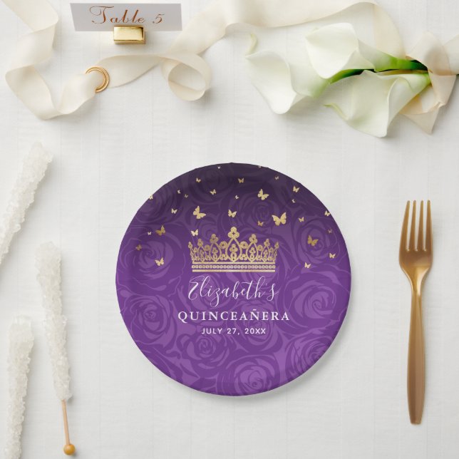 Gold Purple Quinceanera Birthday Party Template Paper Plate (Wedding)