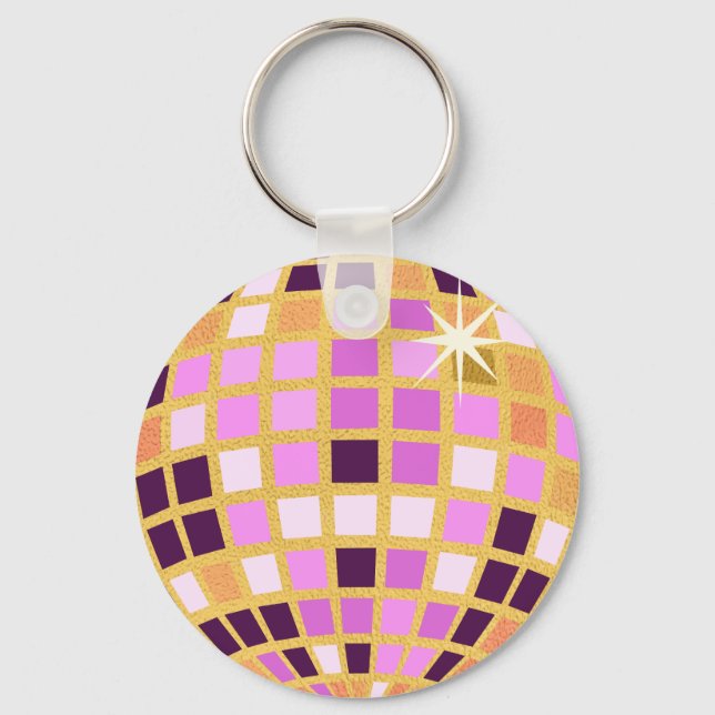 Gold Purple Retro Modern Disco Ball  Key Ring (Front)