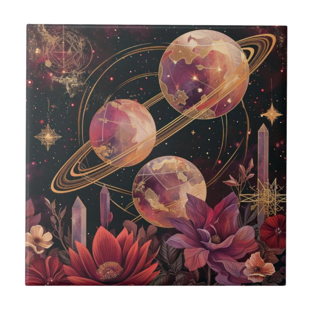 Gold Purple Ringed Planet Celestial Garden Ceramic Tile (Front)