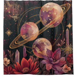 Gold Purple Ringed Planet Celestial Garden Shower Curtain