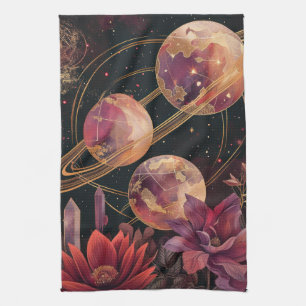 Gold Purple Ringed Planet Celestial Garden Tea Towel