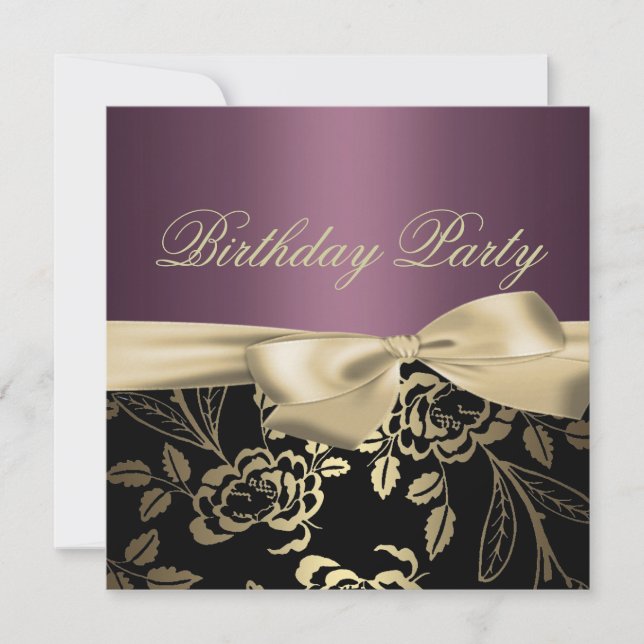 Gold & Purple Rose Leaf Bow Birthday Invitation (Front)
