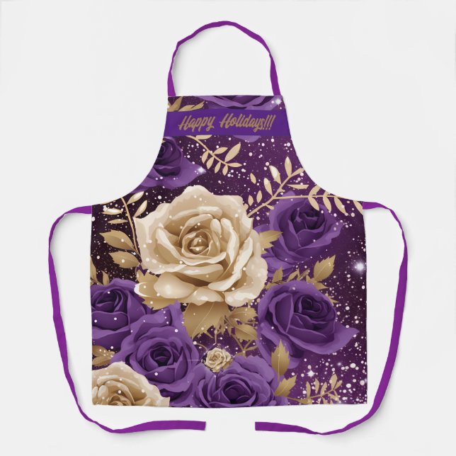 Gold & Purple Roses "Happy Holiday's!!!" Floral  Apron (Front)
