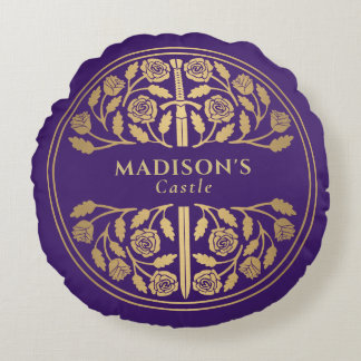 Gold Purple Royal Mediaeval Fantasy Sword Name Round Cushion