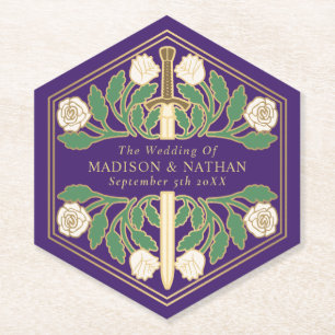 Gold Purple Royal Mediaeval Floral Sword Wedding Paper Coaster