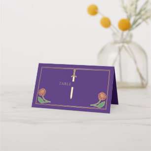 Gold Purple Royal Mediaeval Floral Sword Wedding  Place Card