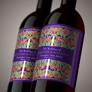 Gold Purple Royal Mediaeval Floral Sword Wedding Wine Label
