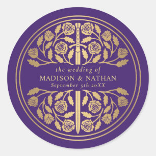 Gold Purple Royal Mediaeval Sword Wedding Classic Round Sticker