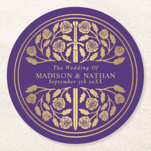 Gold Purple Royal Mediaeval Sword Wedding Round Paper Coaster