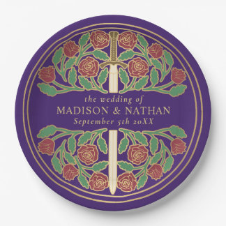 Gold Purple Royal Medieval Floral Sword Wedding  Paper Plate