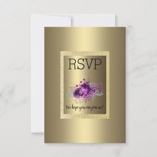 Gold Purple Simple Elegant Floral RSVP (Front)
