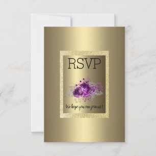 Gold Purple Simple Elegant Floral RSVP Card