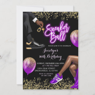 Gold Purple Sneaker Disco Ball Girl 16th Birthday Invitation