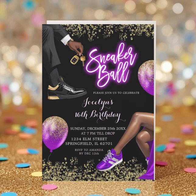 Gold Purple Sneaker Disco Ball Girl 16th Birthday Invitation (Creator Uploaded)